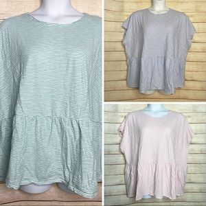 Set 3 Plus Size Peplum Hem Striped T-Shirts Tops Pink Blue Green 3X